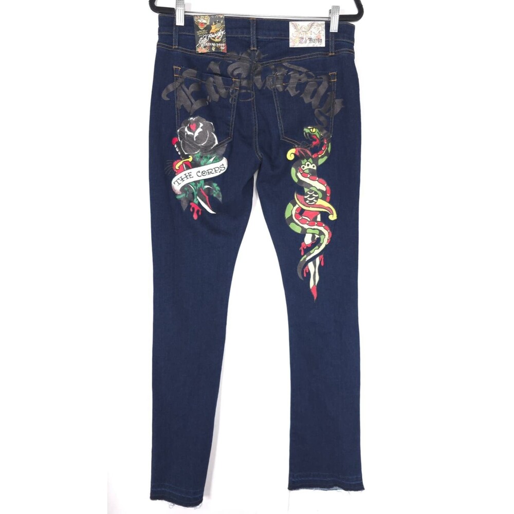 ED HARDY The Corps Jeans 28 Tattoo Snake Rose Stacked Bootcut UNHEMMED MEHD83036